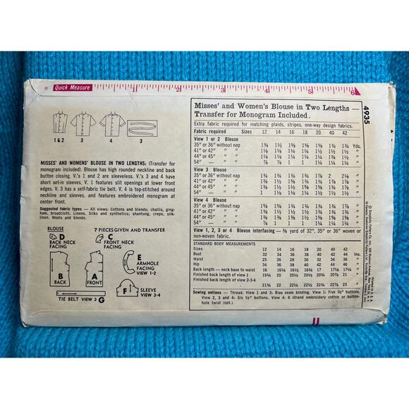 Butterick Sewing Pattern 4935 Blouse short no sleeve 1960s size 16 - Picture 3 of 5